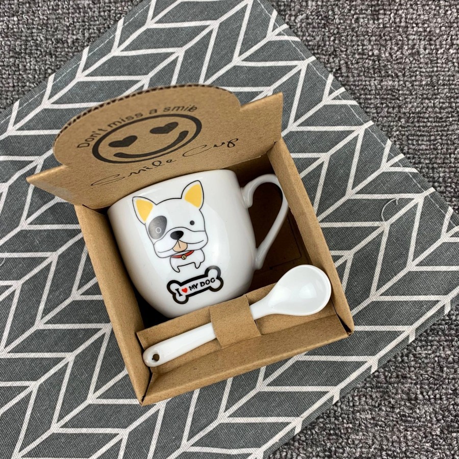 Gelas Set Mug+Sendok French Bulldog Souvenir Kado Cup Keramik Grosir