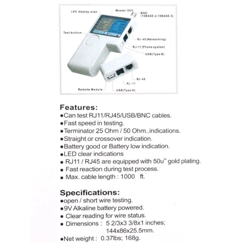 Lan Tester RJ45, RJ11, BNC, USB 4 in 1