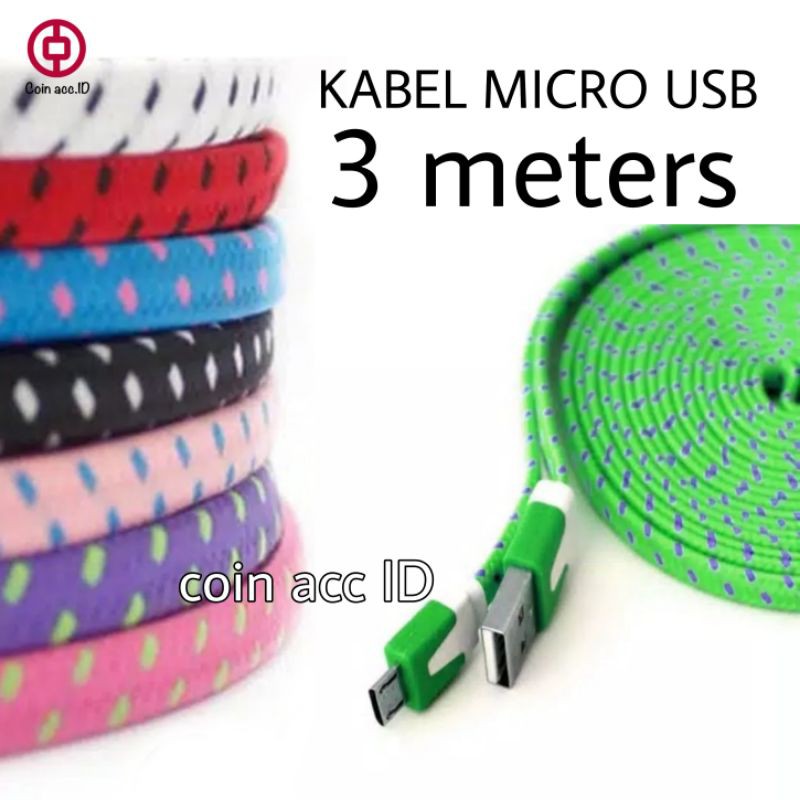 kabel data MICRO USB panjang 300cm / 3 meter - bahan woven(setrika/tali sepatu) - kabel casan/carger