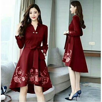 Dress Pesta Gaun Pesta Dress Wanita DRESS FLOWER LUXURY MAROON