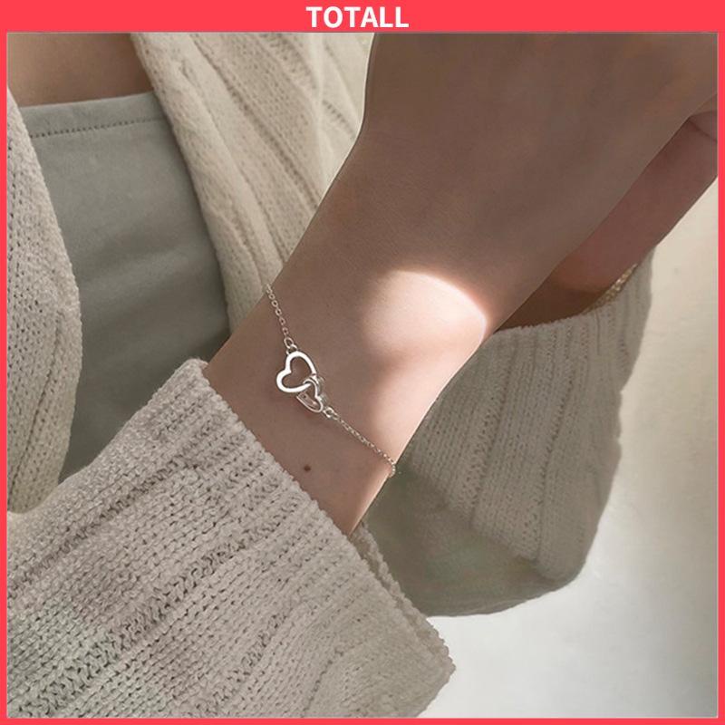 COD Double Heart Shape Fashion Indah Mengkilap Manis Gelang Perhiasan Wanita-Totall