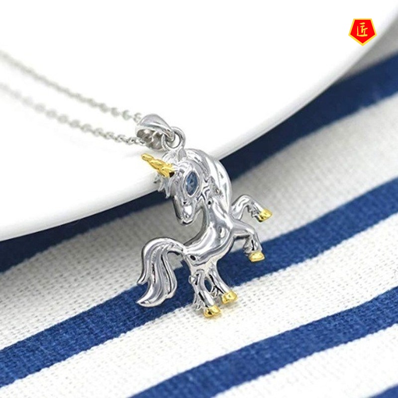 [Ready Stock]Unicorn Two-Tone Pendant Necklace Women European And American Fashion Diamond