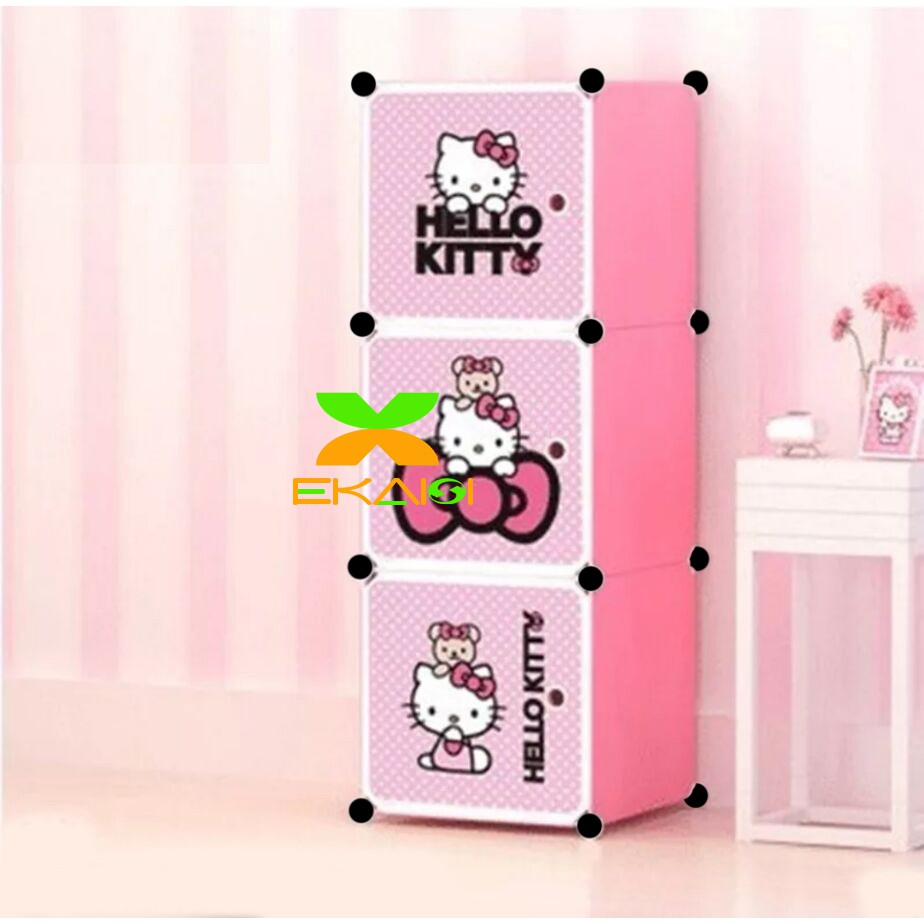 Ekaisi Lemari portable pakaian rak serbaguna susun plastik lemari baju rak buku 3 kotak hello kitty