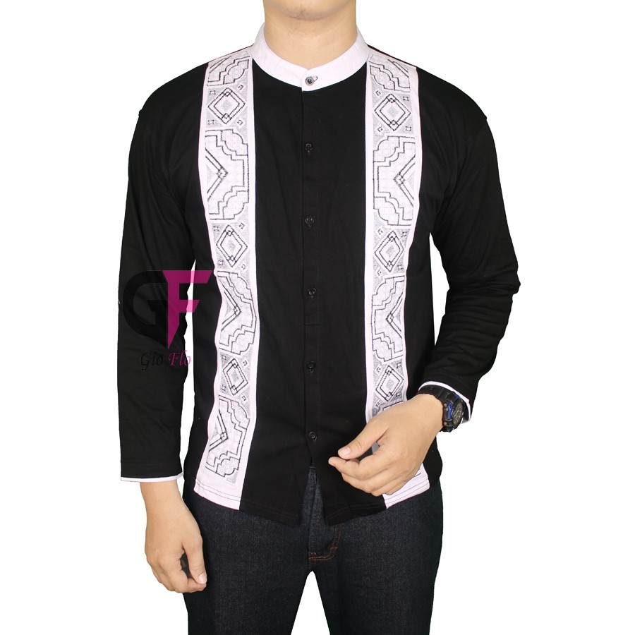 GIOFLO Pakaian Muslim Pria Baju Koko Kombinasi Hitam Putih Black / KKL 69