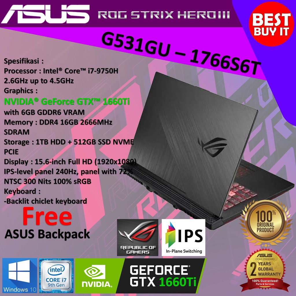 Laptop ASUS ROG G531GU I766S6T i7-9750H 16GB 512SSD + HDD 1TB GTX1660Ti 6GB