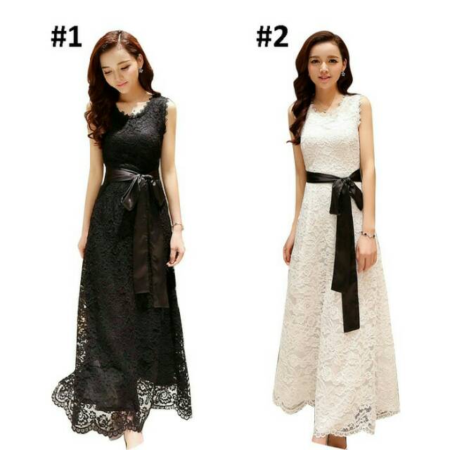 Gaun pesta lece sleeveles long dress korea + ikat pinggang / maxi dress / baju wanita