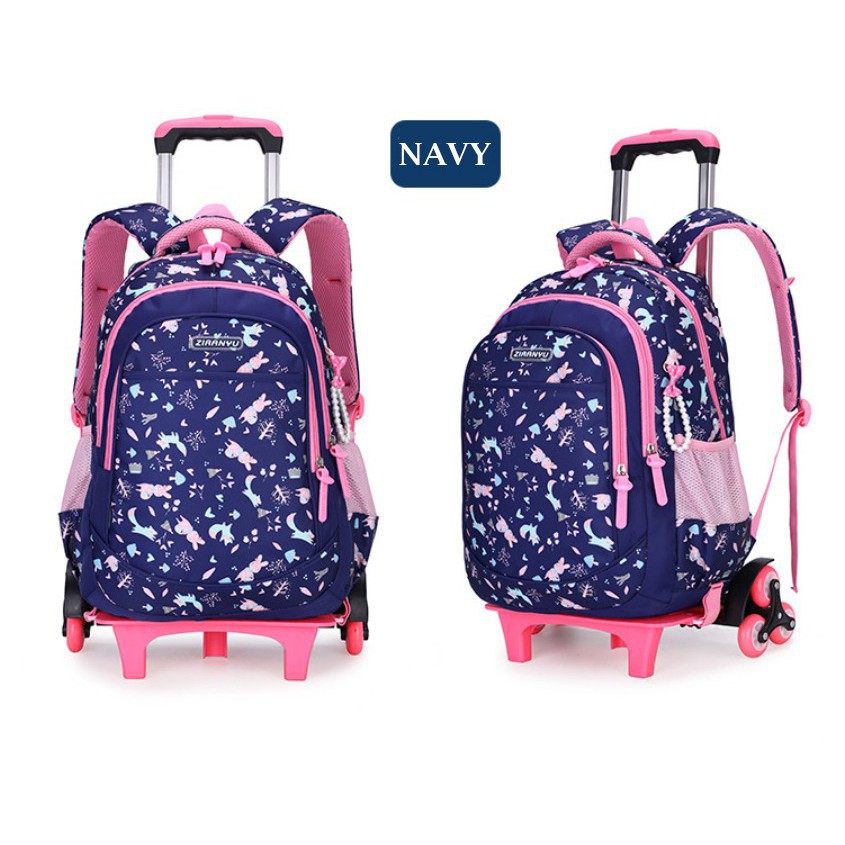 (RK)Tas Troli Anak Sekolah SD SMP Anak Perempuan WaterProof Gantungan Mutiara 6 Roda Import