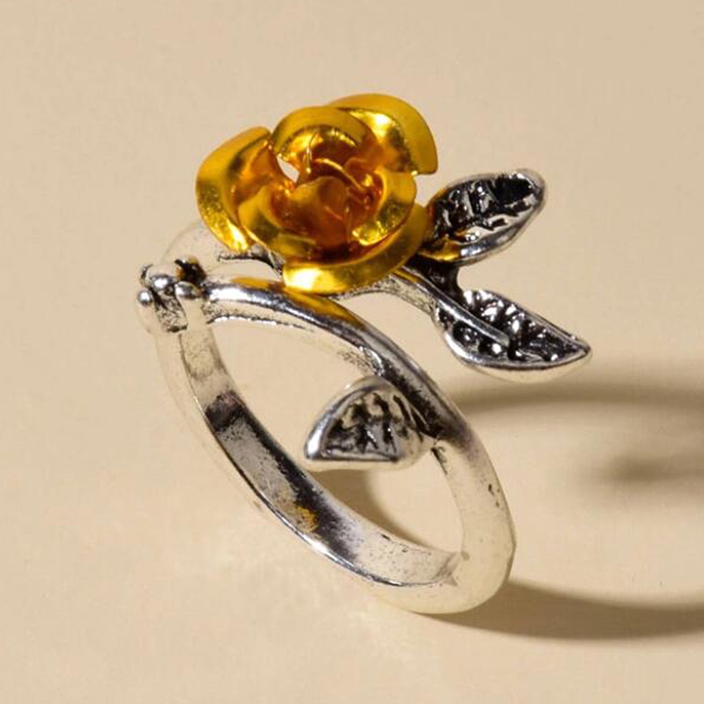 Hu Hu Hu Hu Hu Alat Bantu Pasang Kacamata♡ Cincin Tunangan Tembaga Tipis Dua Warna Desain Bunga Mawar + Daun Untuk Wanita