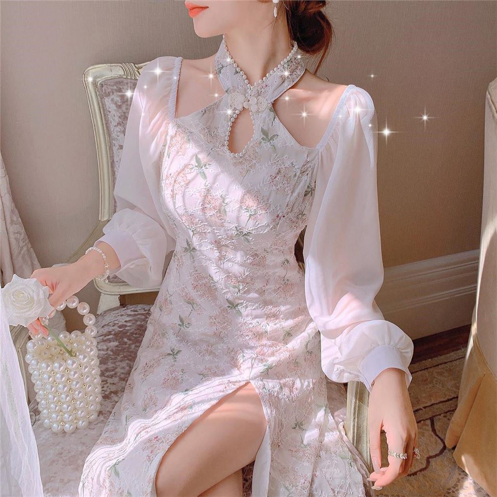Vintage modified cheongsam dress for girls 2021 autumn new sexy neck hanging off shoulder split pure