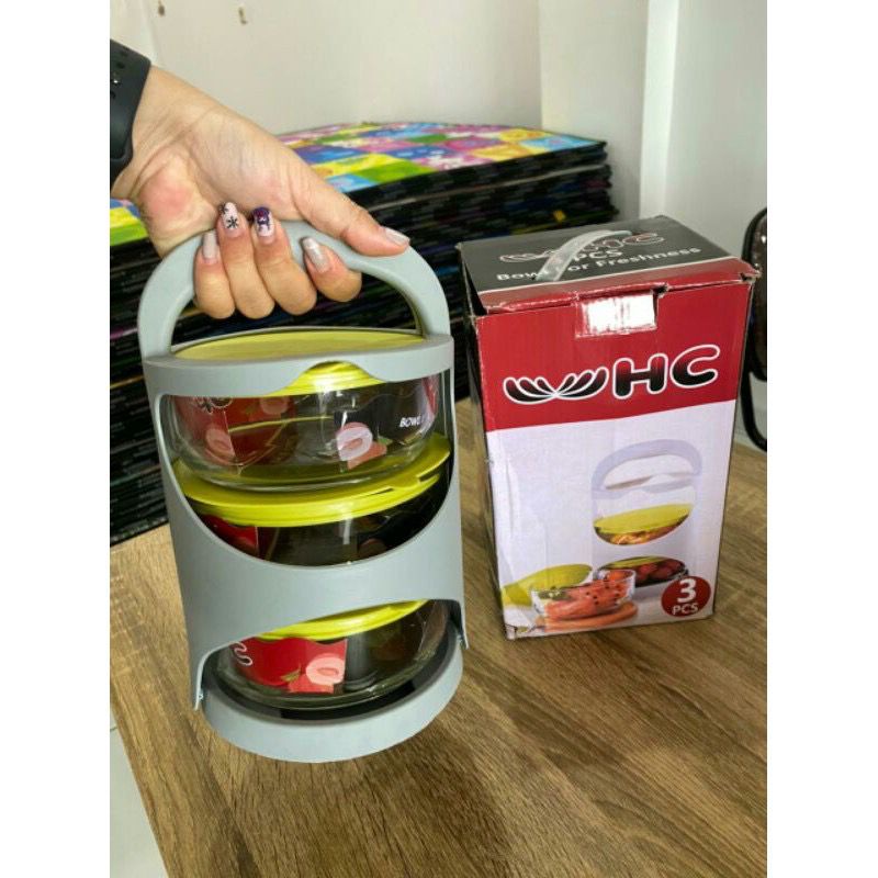 RANTANG KACA SUSUN 3 / BOWL GLASS / MANGKOK BEKAL MAKANAN / RANTANG SUSUN HC / RANTANG BOWL