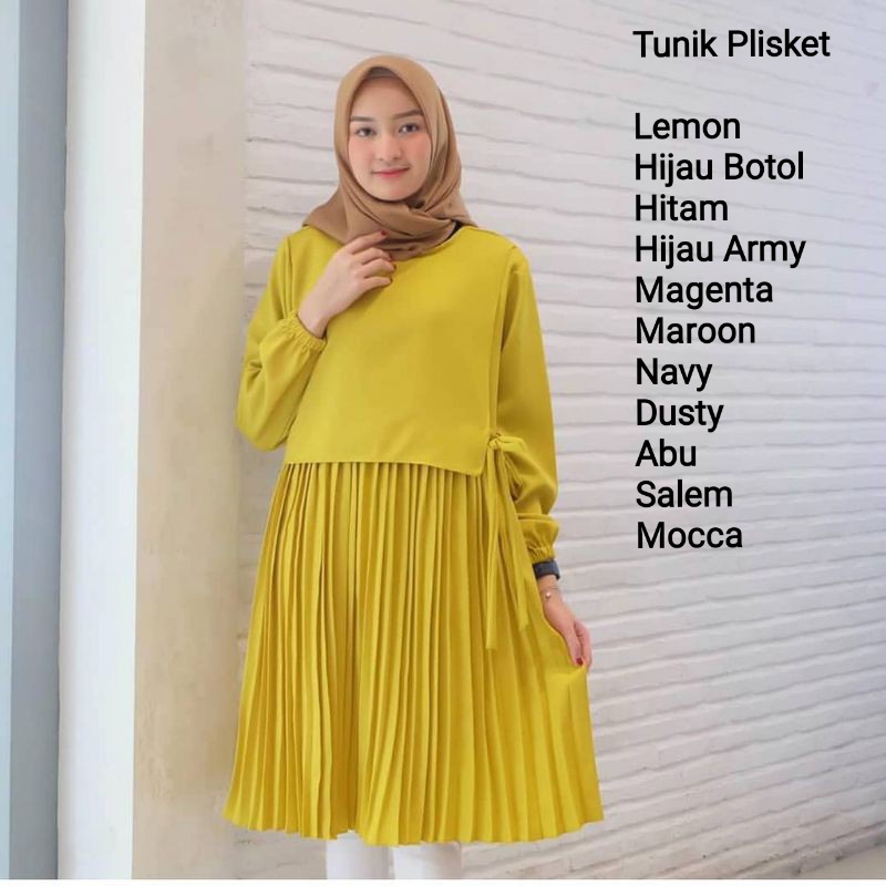 Inez Tunik - Bisa Cod Baju Tunik Plisket Rempel Rampel Rample Atasan Top Warna Polos Kuning Lemon Hi