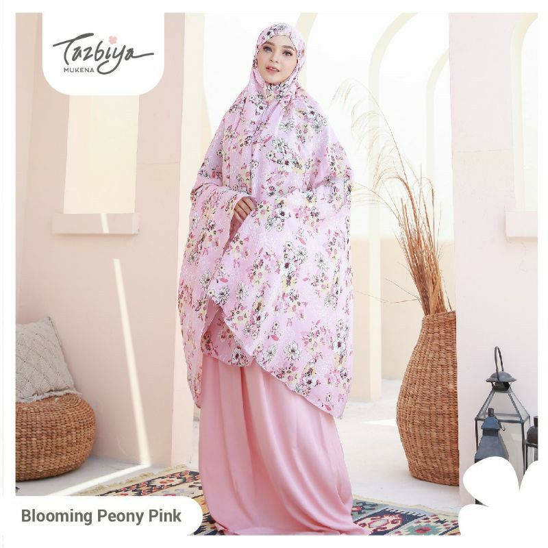 Mukenah Tazbiya Blooming Piony Series Blue/Grey/Pink Dewasa Jumbo Katun Rayon Adem Motif Cantik