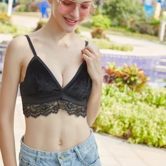 ❆ bralette velvet bra lace renda strap kaitan belakang - Ungu ♔