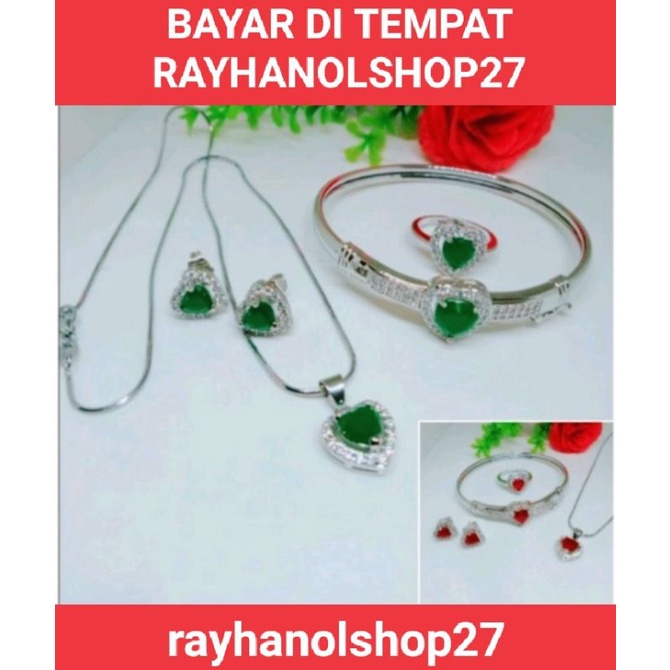 SET Perhiasan titanium wanita motif batu permata Giok merah delima tersedia warna gold dan silver fashion wanita motif pilihan