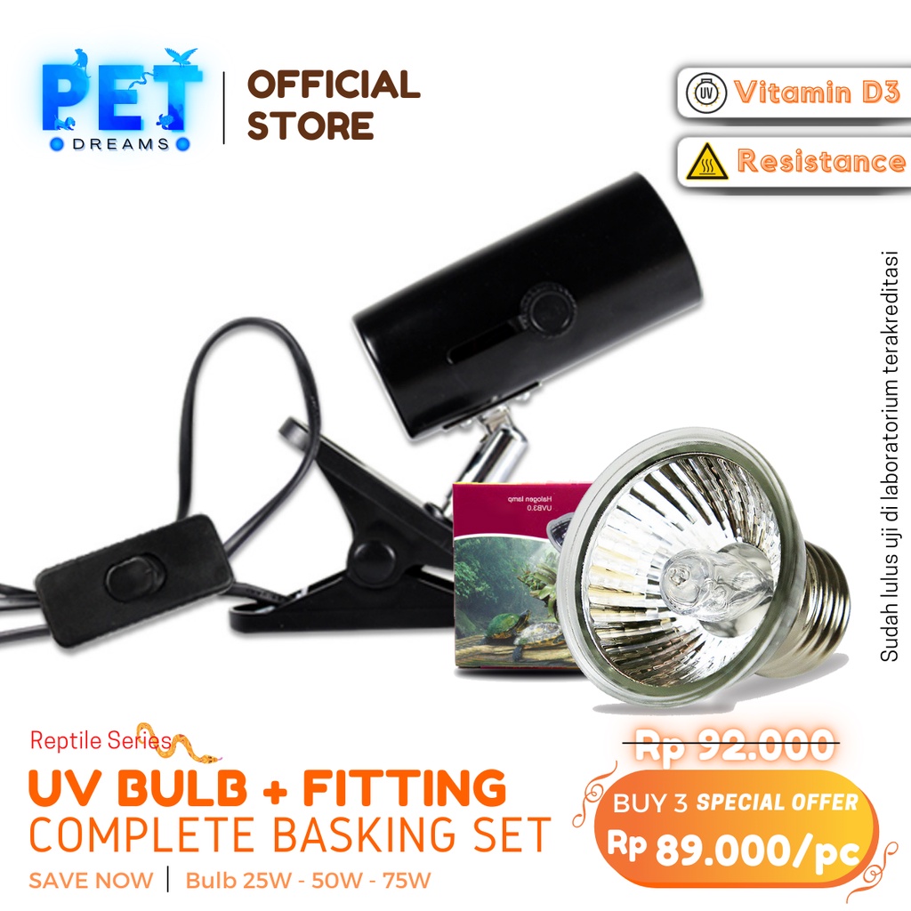 PROMO PAKET LAMPU UVA UVB + FITING KERAMIK JEPIT NOMOY PENGHANGAT REPTIL SULCATA TORTO IGUANA