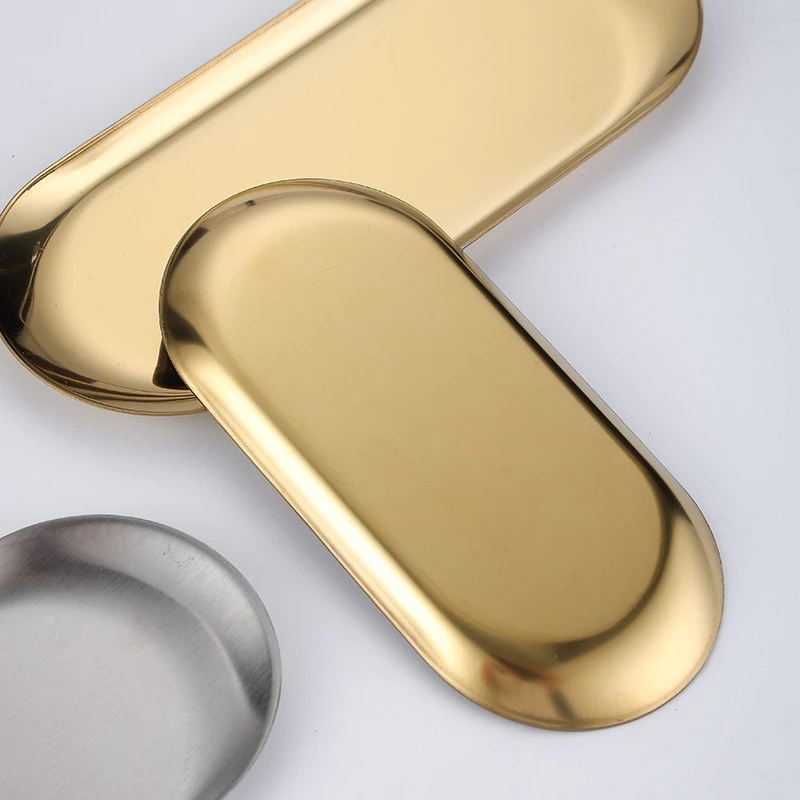 Nampan Penyimpanan Handuk / Kue / Buah / Steak / Dessert Bentuk Oval Bahan Stainless Steel Warna Emas / Silver Untuk Dapur