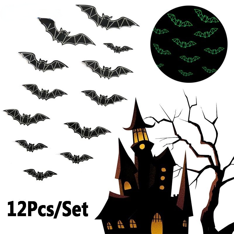 12 Pcs Stiker Dinding 3D Desain Kelelawar Hitam Luminous Tahan Air Untuk Dekorasi Pesta Halloween