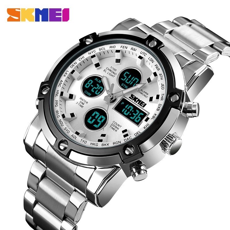 Jam Tangan Pria Digital Analog SKMEI 1389 Silver White Water Resistant 50M ORIGINAL