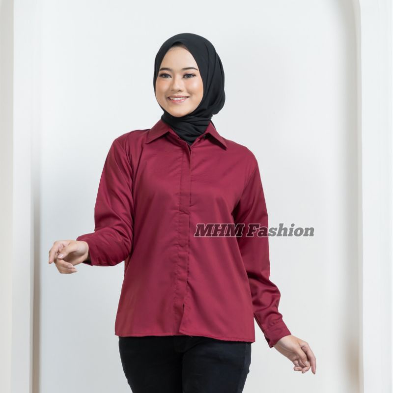 Kemeja Wanita Putih Hitam Marun Navy Army Abu LD 96 LD 100 LD 106 Polos Basic Lengan Panjang Atasan Blouse Casual Kantor Formal shirt Korea Toyobo Murah Adem serap Keringat-Maroon