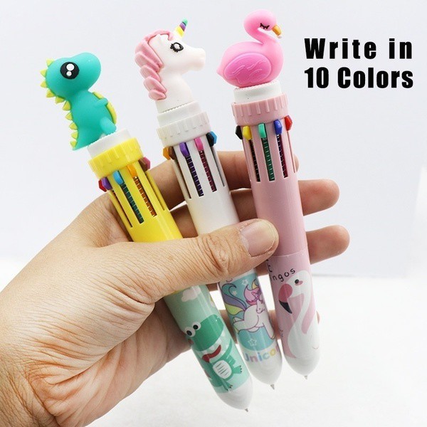 10 in 1 Pen Ballpoint Desain Kepala Unicorn Lucu, Beraneka Macam Warna