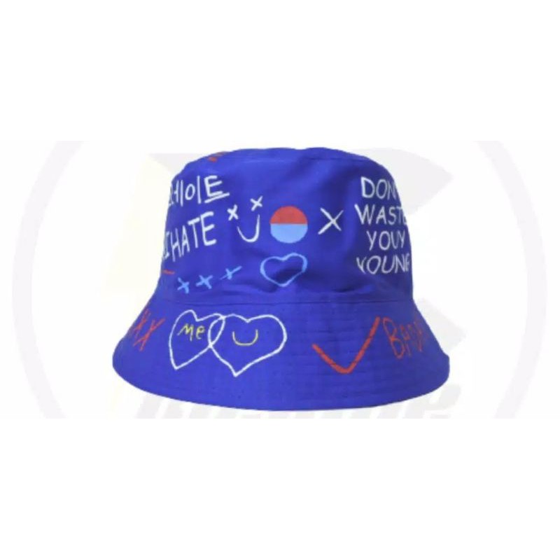 TERMURAH TOPI BUCKET HAT KOREA LAKI CEWE SABLON BADAS BOLAK BALIK PANTAI FISHERMAN-BADAS BIRU