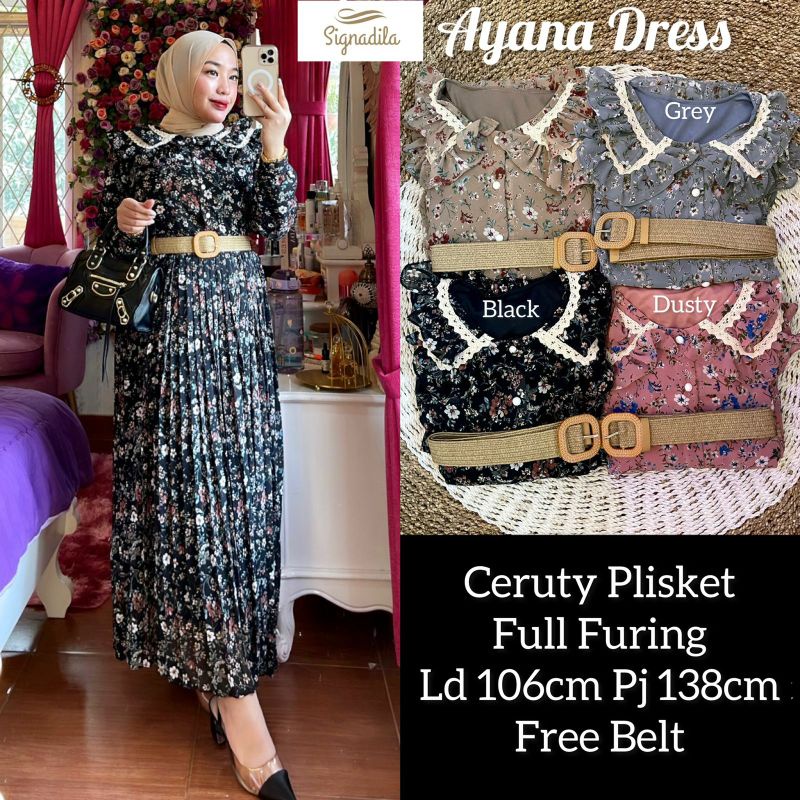 Gamis motif ayana maxy dress ceruty plisket full furing