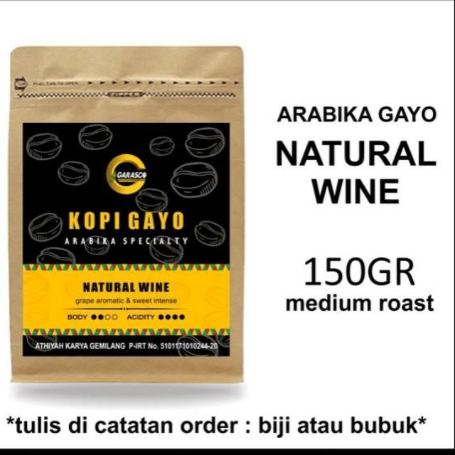 

Kopi Gayo Arabica Natural Wine Biji Bubuk Garasco Coffee