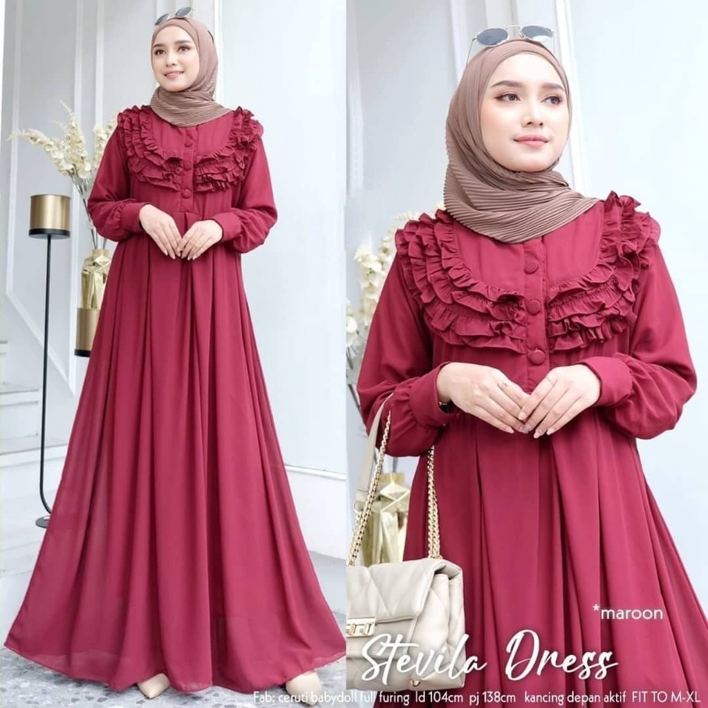 Stevila Dress Maxi Gamis Kondangan Wanita Elegant Dress Busui Aplikasi Renda Fashion Muslim Style Hijab Termurah