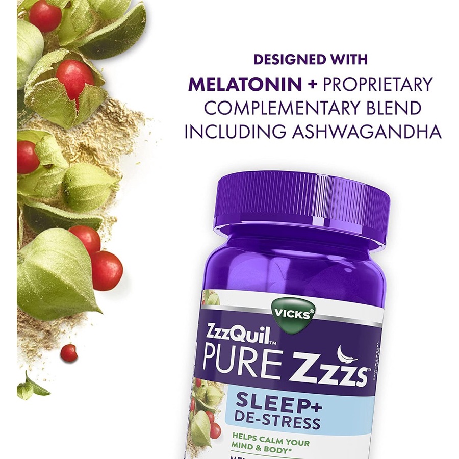 Vicks ZzzQuil Pure Zzzs De-Stress Sleep Melatonin Ashwagandha Insomnia Stres