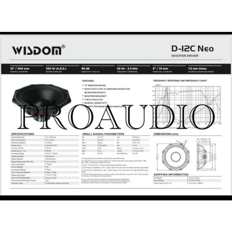 Speaker Komponen Wisdom 12ins D12C NEO Woofer Driver Harga 1 pcs