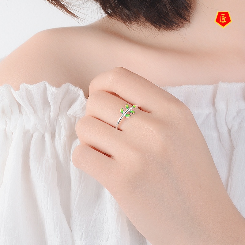 [Ready Stock]S925 Silver Green Leaves Ring Female Personality Simple