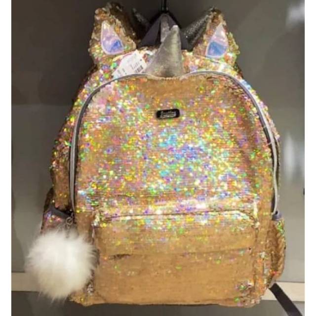 Justice Unicorn Flip Sequin Gold Backpack tas punggung ransel ori original