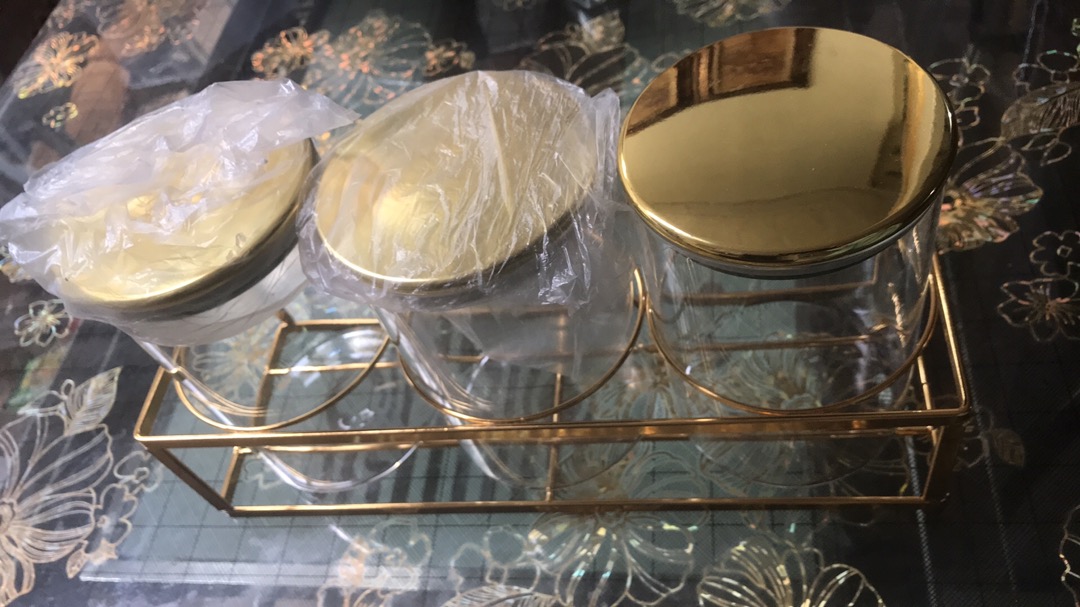 Set Triple Gold Jar Rack / Set Tempat Toples Snack Dengan Rak / Mewah Alat Dapur Pajangan Rumah