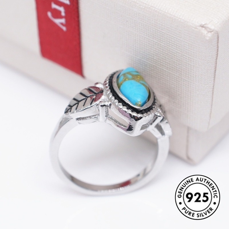 Cincin S925 Silver Bentuk Daun Turquoise Gaya Retro