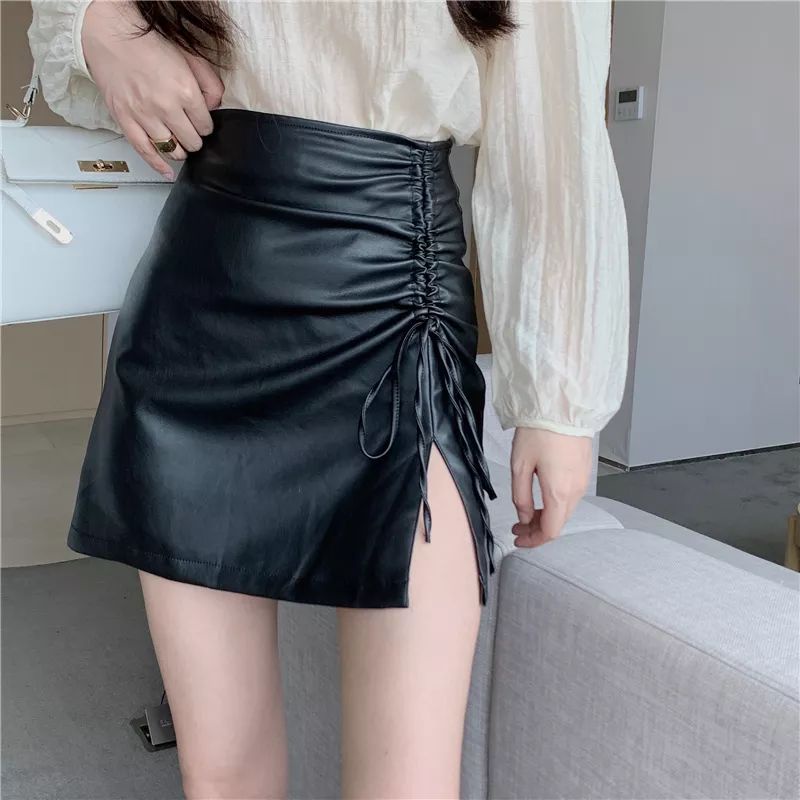 Rok Mini Wanita Kulit Semi Chic Serut Paha Kiri Pinggang Tinggi Elegant Mini Skirt High Waist Rok Wanita Streetwear A-Line Bodycon