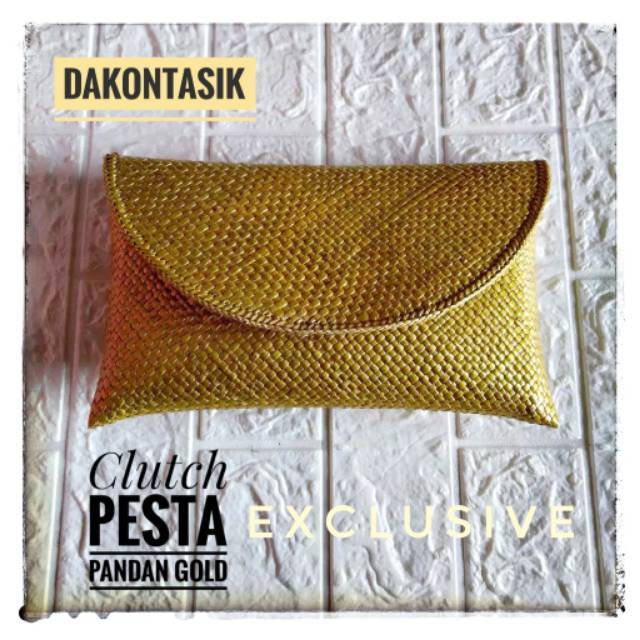 Dompet pesta clutch Anyaman pandan full warna gold size M