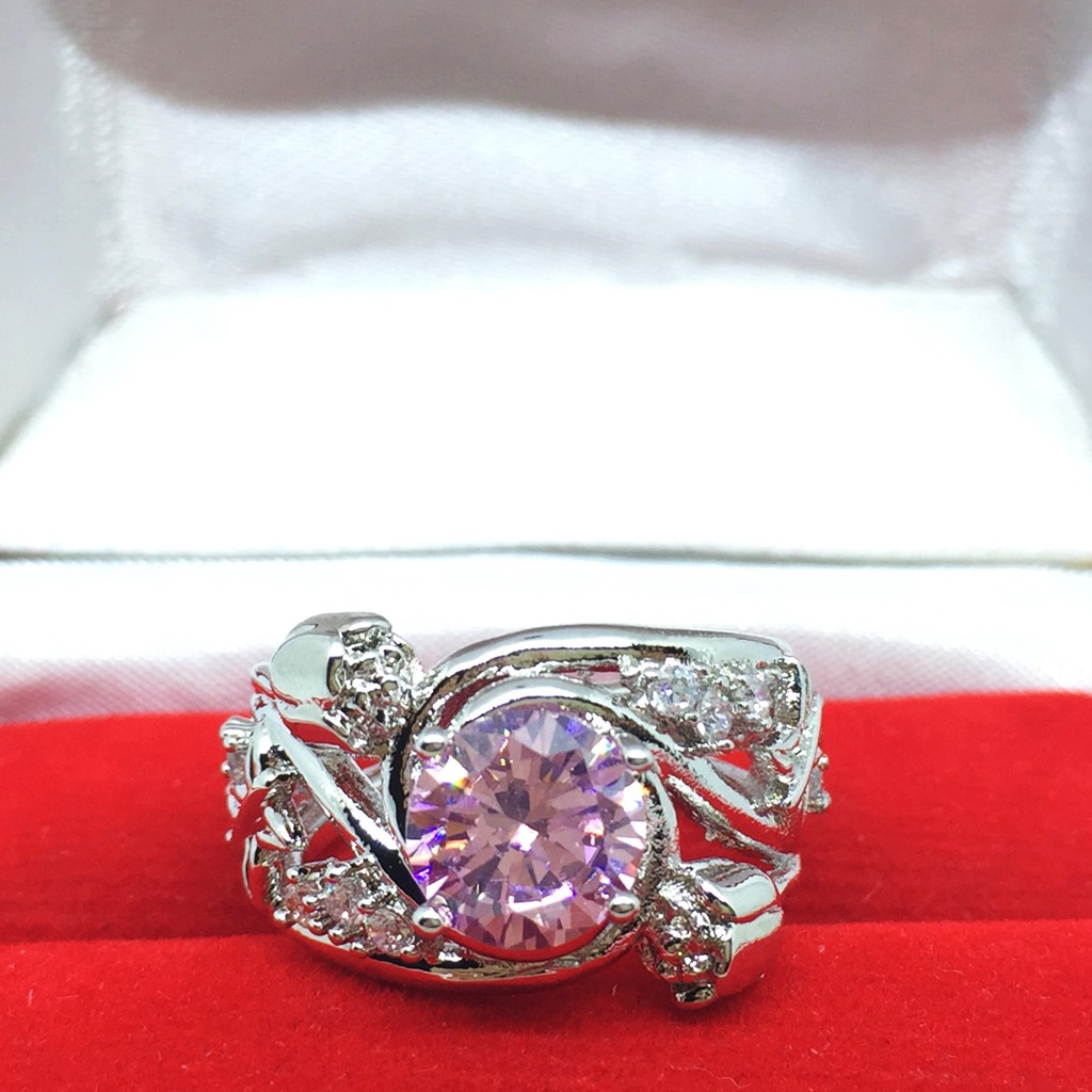 Cincin Lapis Emas Putih Batu Pink Rangka Tebal Bentuk Bunga - BR211