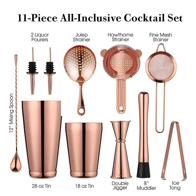 paket shaker boston 11pcs premium quality rosegold gold black / bartender tools set