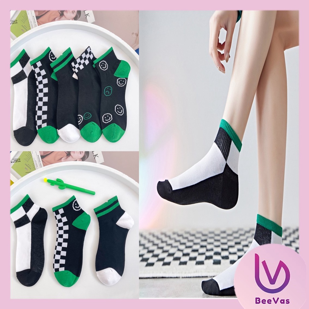 BV.ID•KK820 Kaos Kaki Wanita - Pria Unisex Semata Mata Kaki Ankle Motif Kotak-Kotak Garis hitam hija