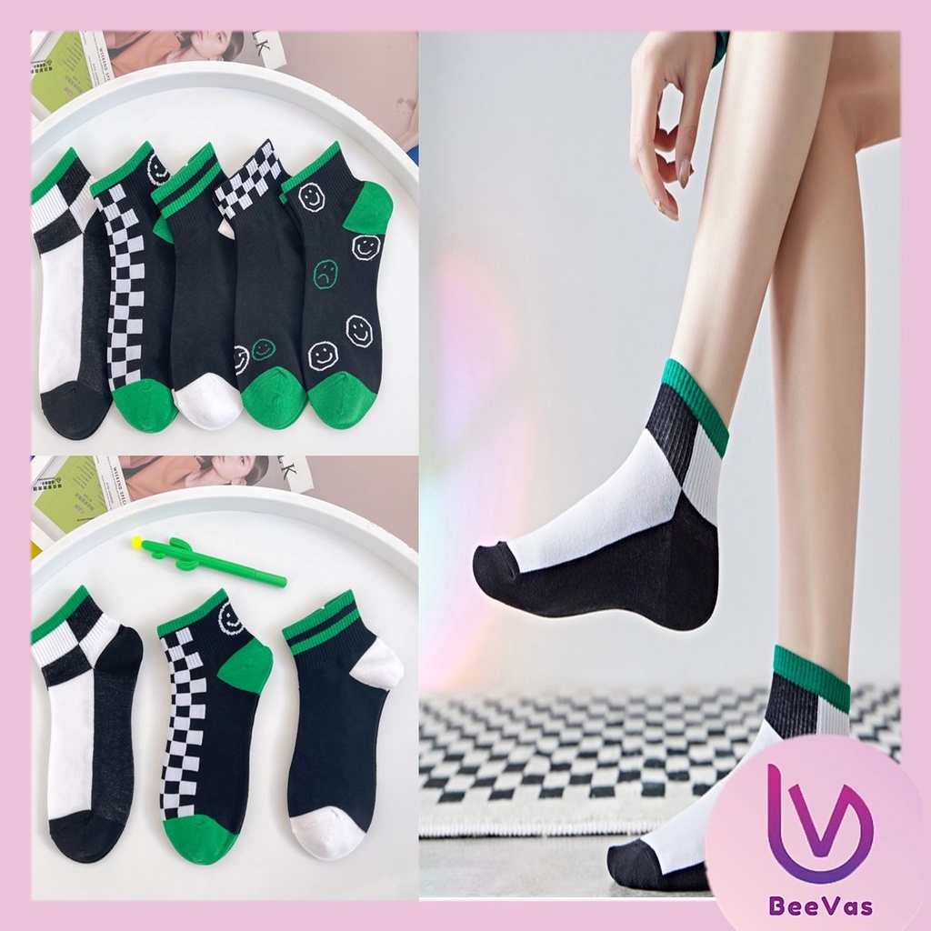 BV.ID•KK820 Kaos Kaki Wanita - Pria Unisex Semata Mata Kaki Ankle Motif Kotak-Kotak Garis hitam hijau Socks Korean