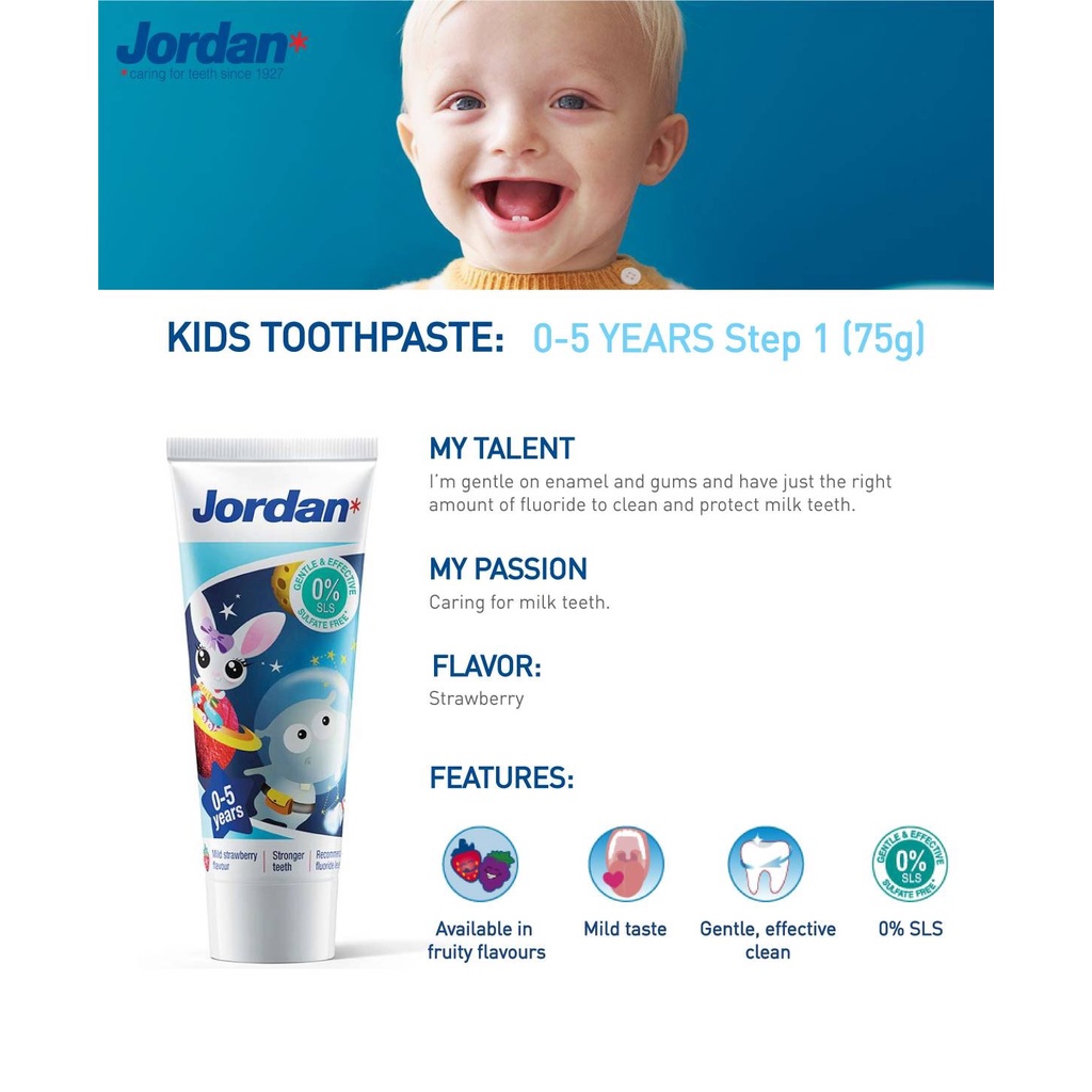 Jordan Oral Care Kids Toothpaste Step 1 75gr Pasta Gigi Anak Usia 0-5 Tahun