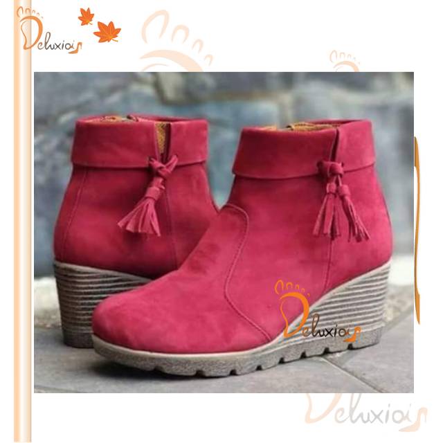 Sepatu kulit wedges boots casual wanita