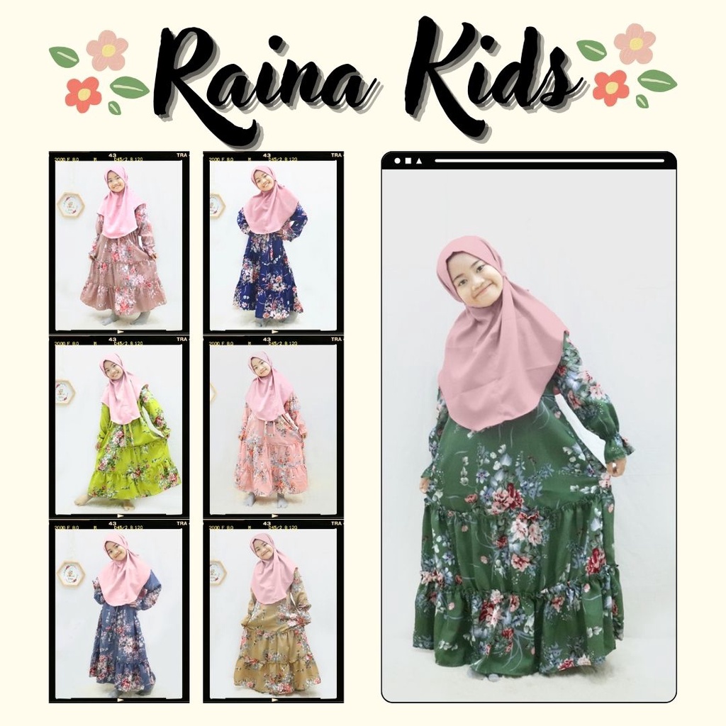 Gamis Anak Perempuan Raina Kids + Hijab Bergo Usia 2,3,4,5,6,7,8,9,10 Tahun Bahan Monalisa Import Premium Lembut Adem Busana Muslim Baju Ngaji Anak Tanggung Umur 11,12,13 Motif Bunga Modern Size S M L XL XXL Model Dress Syar'i Jumbo Terbaru 2022