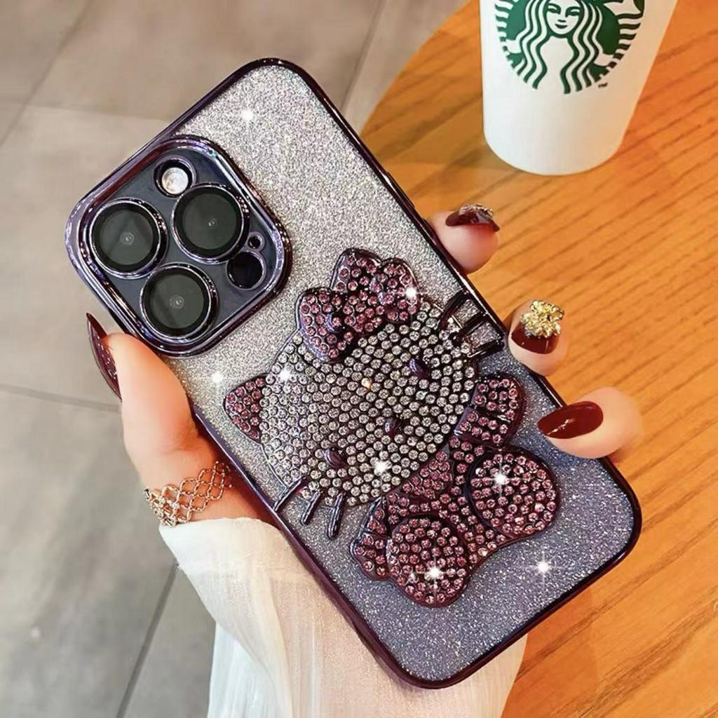 Casing Ponsel Berlian Kristal Electroplated Mewah iPhone 14 Pro Max 13 Pro Max 12 Pro Max11 Pro Max KT Motif Kucing Lensa Terpasang film Pencegah Jatuh Casing