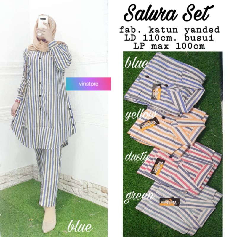 SETELAN TUNIK + CELANA KATUN MOTIF GARIS / SALUR SALURA SET BY VINSTORE