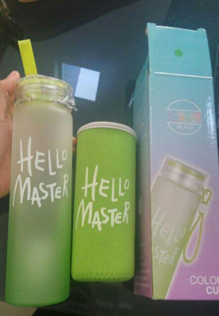 Botol Minum Kaca B-72 - Botol Minum Hello Master + Free Pouch