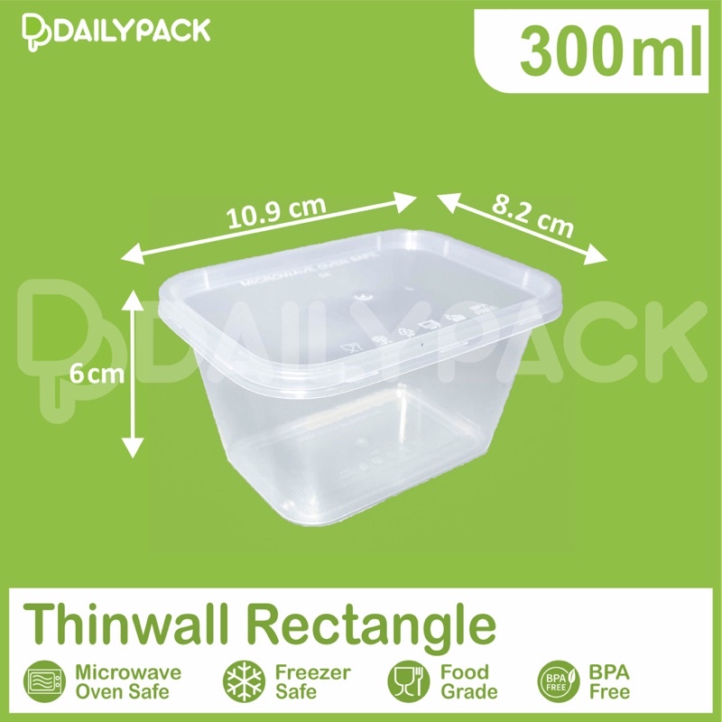 Thinwall RECTANGLE 300ml + Tutup / PERSEGI PANJANG / Kotak Makan Plastik / Food Container