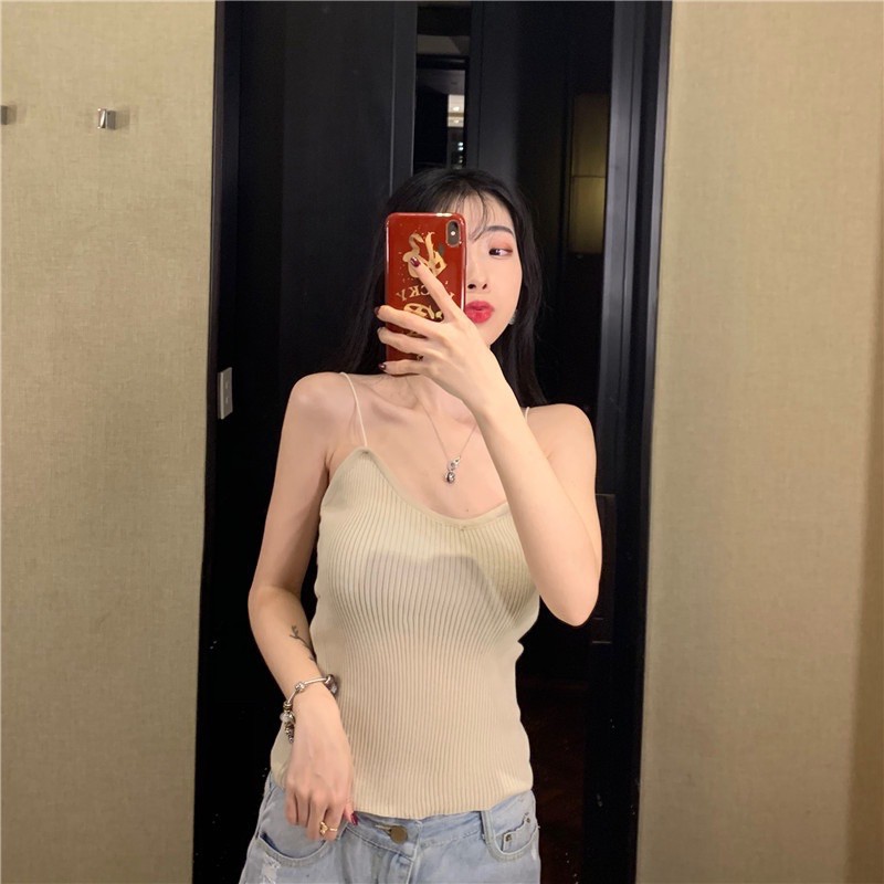 T968 • Korea Knit Tank Top • Kamisol Rajut • Tanktop Polos Tali Spaghetti • Fashion Wanita-Cream