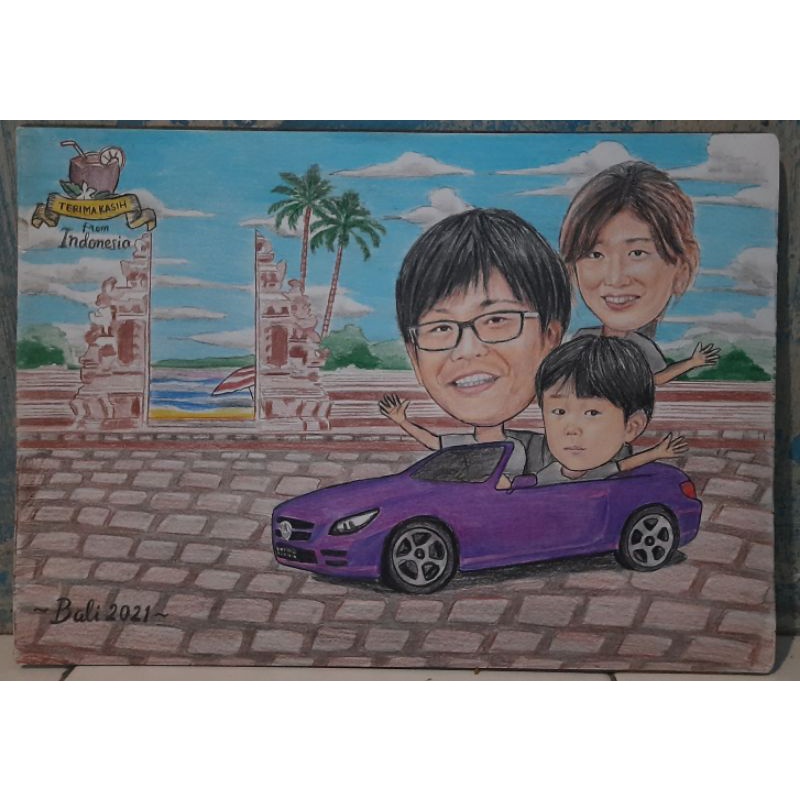 lukisan karikatur 3 wajah ukuran A4 + bingkai kaca