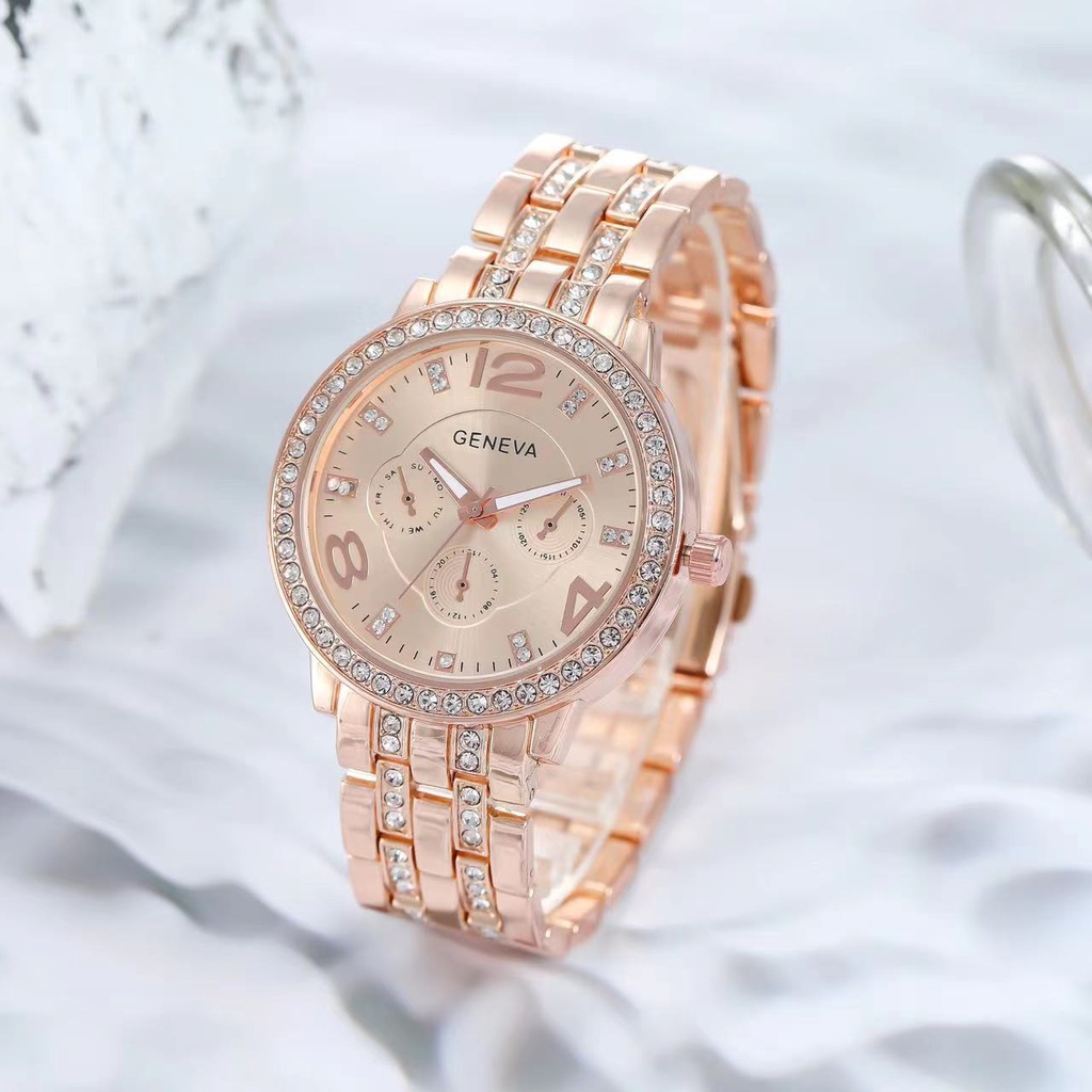 Rowling (Jam-26) Jam Tangan Wanita Bulat Geneva Besar Stainless Jam Tangan Wanita Quartz Double Diamond dengan Strap Stainless Steel Import